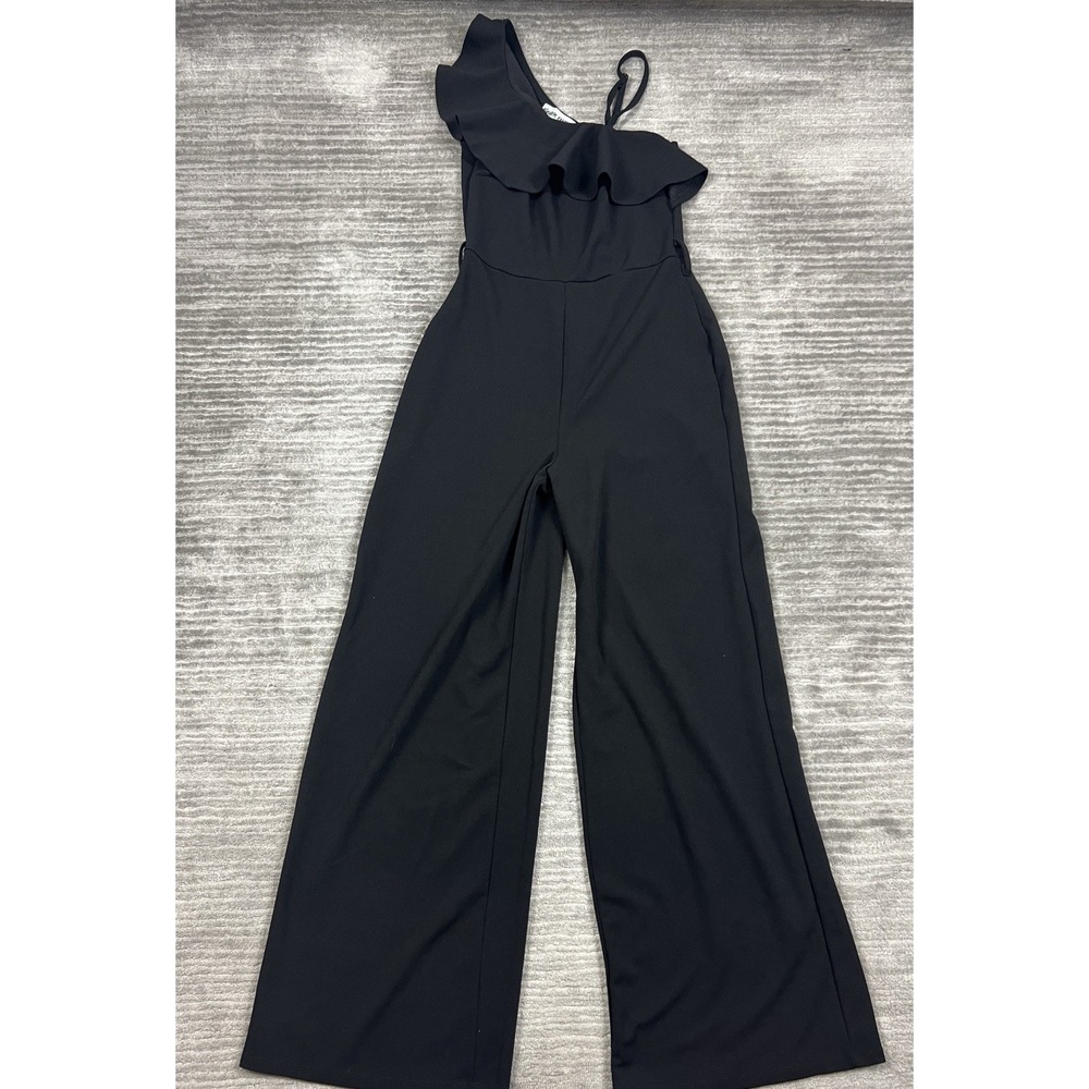 Almost Famous‎ Jumpsuit Womens Black Sleeveless Single Shoulder  Ruffle Wide Leg